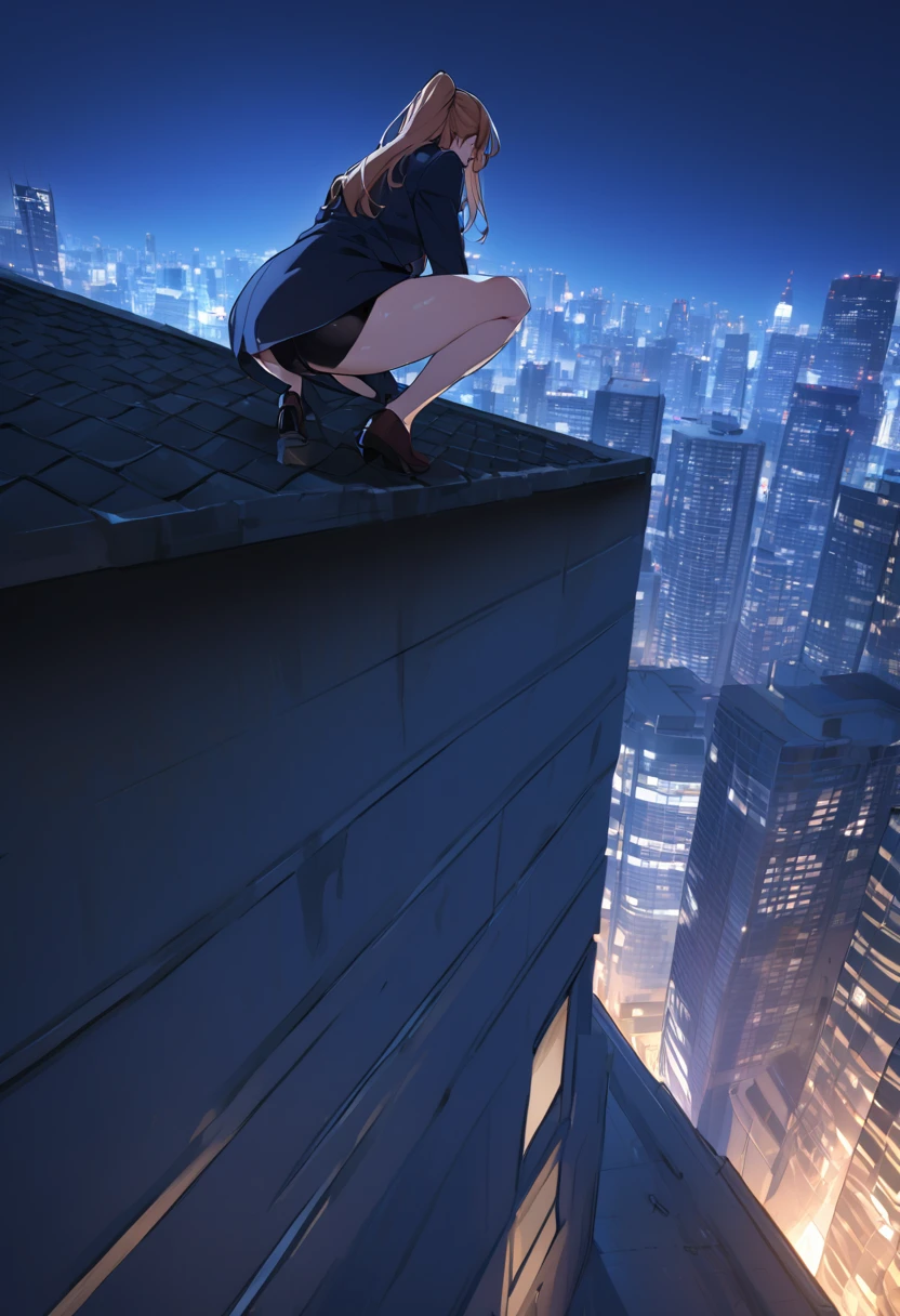 A muscular career woman is urinating on the roof of a high-rise apartment building towards the skyscrapers at night.