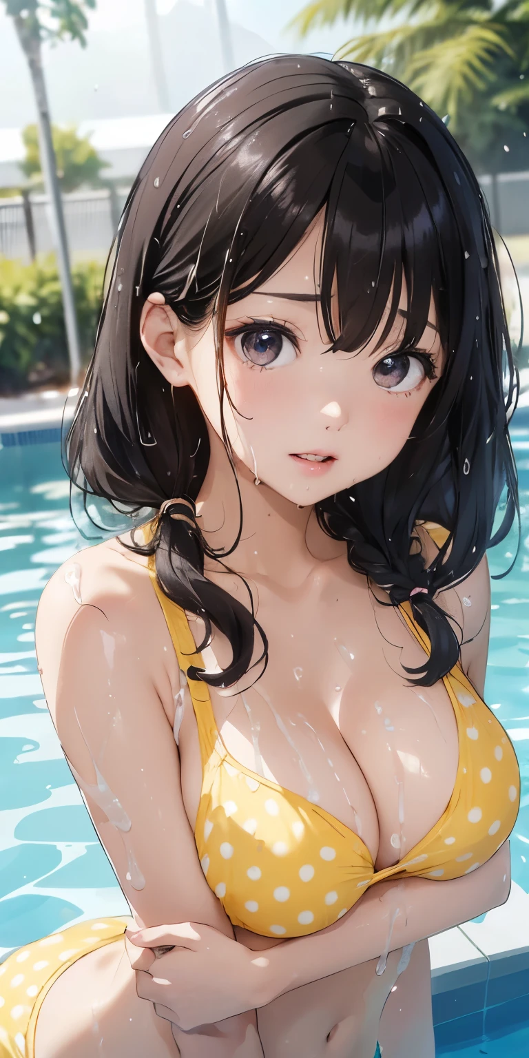 8 year old girl long bob hair、Close up shot of buttocks looking up from under the ground、Realistic、((8-year-old girl))(1. Glowing Skin.4)、sweating、wearing a yellow swimsuit，Accentuate your cleavage，Face reality，lips are a little red，Cheeks are a little red，sexy，Pool