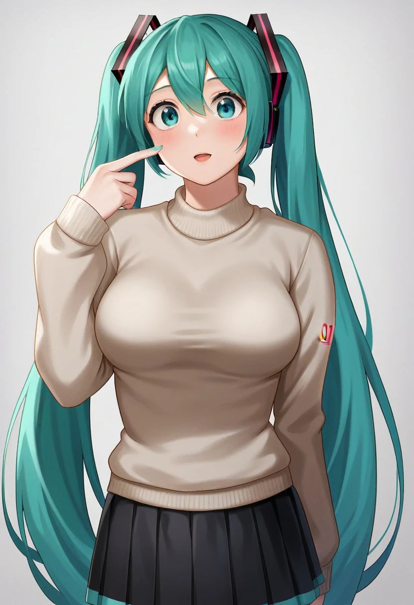 portrait, [:(score_4_up:0.25):0.65], [score_9_up:score_6_up:0.35], [:anime:0.4], portrait, detail face, large eyes, woman standing, ((hatsune miku)),    
medium breasts, sweater, skirt, motherly, [:photorealism:0.5]