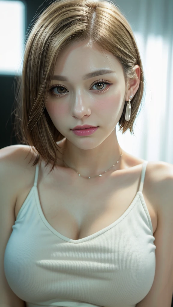 (masterpiece), ((highest quality)), Broke up lips, Light_smile, cinematic Lighting, ultra-Realistic, ((Realistic)), (Gwen_stacy), blonde_hair, short_hair, alone, Side cut, asymmetrical_hair, Broke up_lips, eyebrow_Earrings, (Detailed face), beautiful One girl, One girl, View your viewers, (Beautiful fine details), bodysuit, white Foodie, Food_Down, upper_body, (head shot:1.5),Belly button exposed