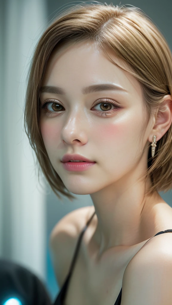 (masterpiece), ((highest quality)), Broke up lips, Light_smile, cinematic Lighting, ultra-Realistic, ((Realistic)), (Gwen_stacy), blonde_hair, short_hair, alone, Side cut, asymmetrical_hair, Broke up_lips, eyebrow_Earrings, (Detailed face), beautiful One girl, One girl, View your viewers, (Beautiful fine details), bodysuit,  white Foodie, Food_Down, upper_body, (head shot:1.5),Belly button exposed