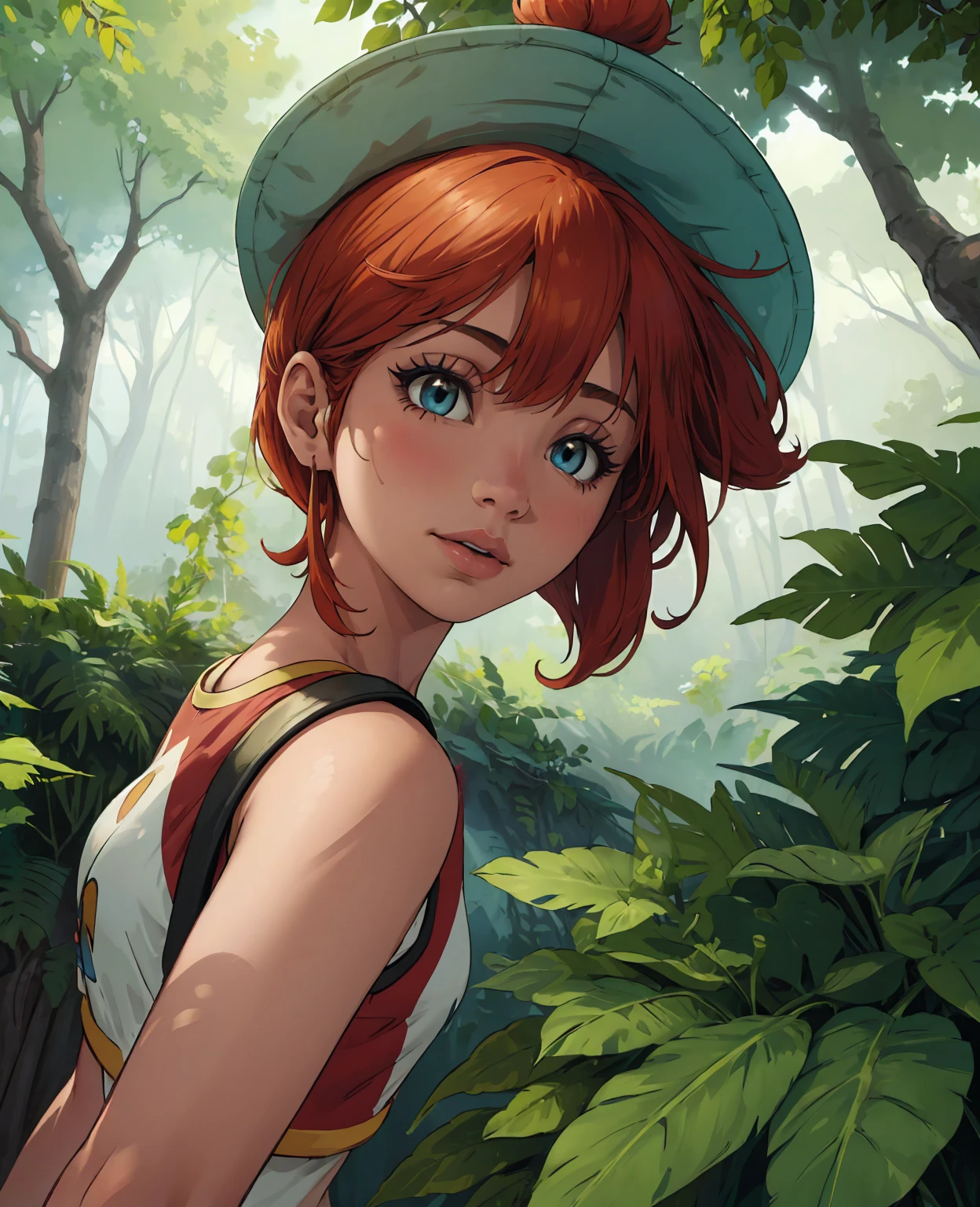 a beautiful young girl, 1girl, Emily Rudd, detailed face, beautiful detailed eyes, beautiful detailed lips, extremely detailed facial features, long eyelashes, messy blue hair, red hat, pokemon trainer outfit, Misty from Pokemon, outdoor forest scene, sunlight filtering through trees, lush greenery, detailed foliage, intricate details, vibrant colors, highly detailed, photorealistic, 8k, highres, masterpiece, ultra-detailed, realistic, photo-realistic, physically-based rendering, vivid colors, studio lighting