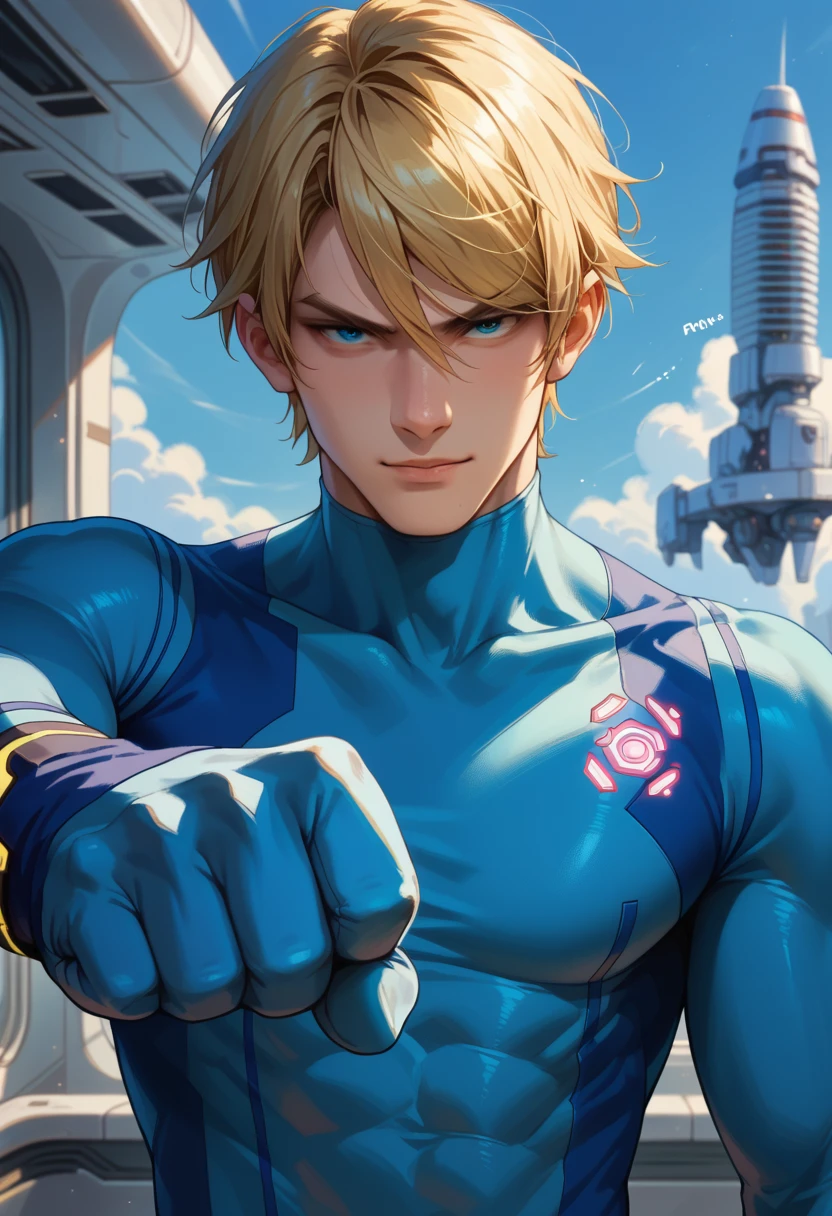 score_9, score_8_up, score_7_up, 1boy, solo, (male:1.5), male focus, male body, defSamus, blonde hair, short hair, bodysuit, blue clothes, blue pants, blue gloves, confident face, confident smile, single fist, standing, looking at you, spaceship, speech bubbles,
