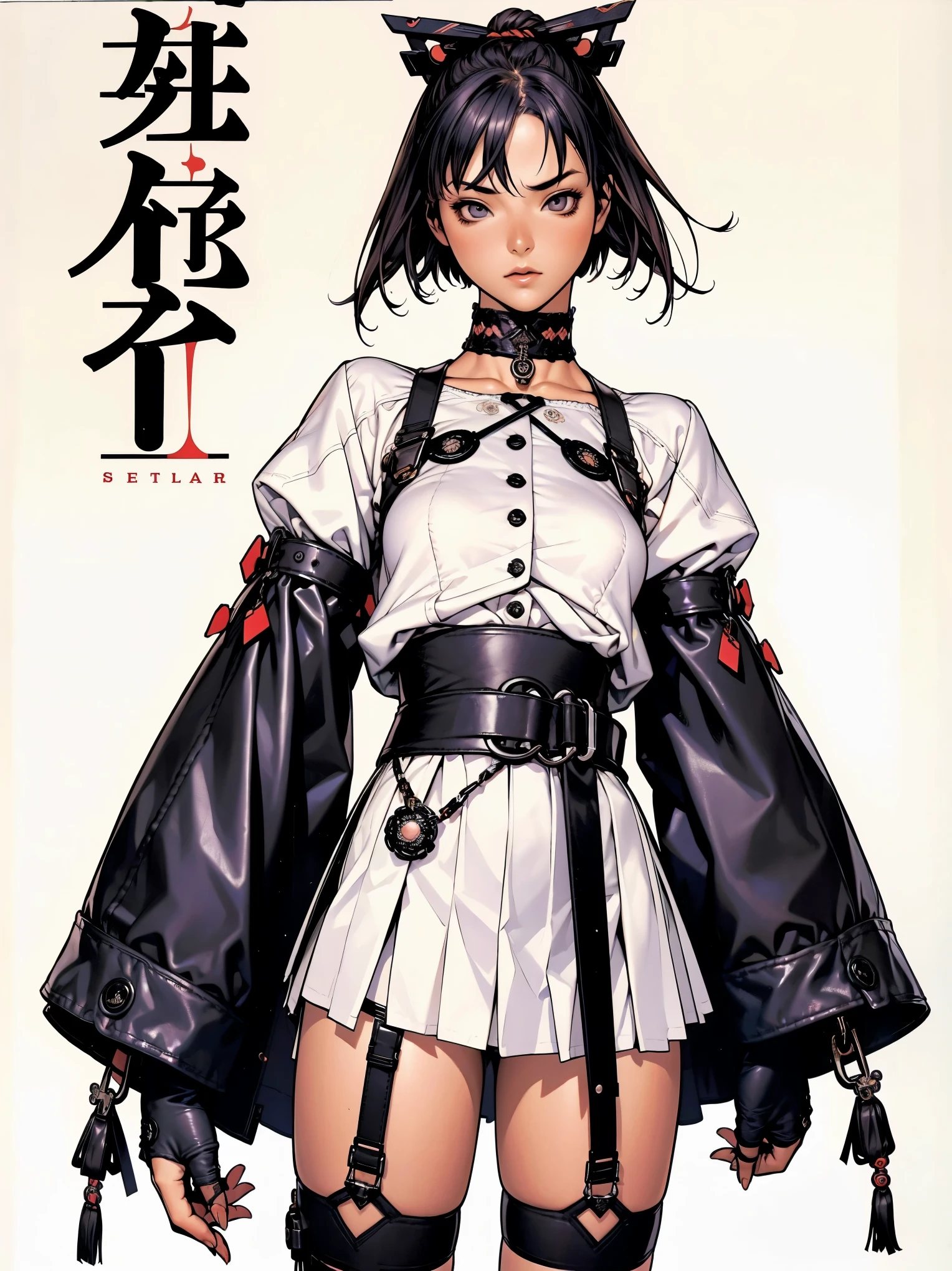 (((garter belt with stockings 3/4))), 1 girl, (((standing alone))), pirralha violent, (((full of leather straps wrapped around the arms))), , sexly, pose de atitude, work of art, post-apocalypse, (((manga style))), bounty hunter, violent, Manic, the way you want, slenderbody, thin but strong, perfectbody, roupa moderna, holding a samurai sword, messy bob hair, colored hair, (((best qualityer))), Mini skirt with pleats or short shorts with a checkered print in red and black, fur collar jacket, sleeves with vertical striped pattern, neutral background, (( cowboy shot )). intricate visual, Base Shiori, split color hair, hair ornament, choker, black dress with white ribbon, Black jacke, waist belt, asymmetrical pants, shinkiro art style, Masamune Shirow