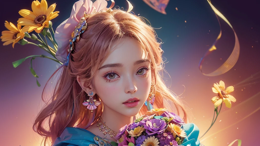32K, 最高quality, 最高masterpiece, (ultra-Detailed Background, Detailed Background), High resolution, Super detailed, Very detailedな, One girl, (bouquet:1.3), (Tangled:1.2), (Geometric:1.2),(colorful),(masterpiece, quality, best quality, Official Art, Beautiful and beautiful:1.2), (1 girl:1.3), Very detailed,(colorful:1.1)(Flowers:1.3),Most detailed,(Tangled:1.2), whole body, (Abstract background:1.3), (Skin glows), (Many colors:1.4), ,(Earrings Jewelry:1.5), Gradient pink background,