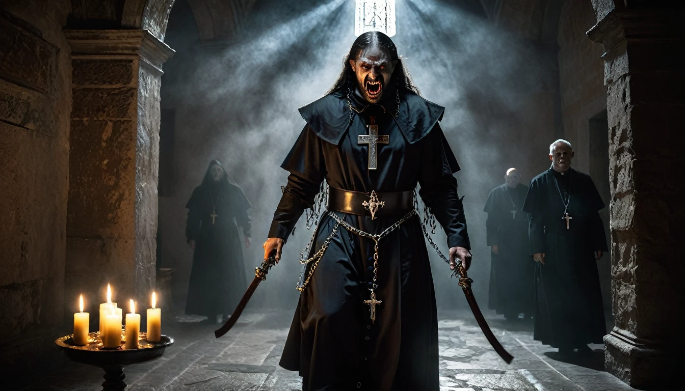 Aticano exorcising a werewolf. Scenario: an ancient stone enclosure inside the Vatican, with cold, damp walls, lit only by flickering candles that cast dancing shadows. Heavy chains hang from the walls, creating an oppressive and claustrophobic atmosphere. Personagens: a cardinal, chief of priests, wearing traditional Vatican costumes, holding a crucifix and an ancient book of exorcisms, with an expression of determination mixed with fear; A werewolf, a fierce creature with glowing eyes and sharp teeth, tied with silver chains, Fighting Against Restrictions, with an expression of pain and fury. atmosphere: the scene must be scary, dark and convey a sense of fear and terror.