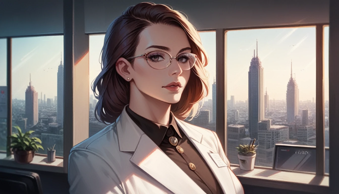 a detailed service advertisement background, modern office interior, cityscape view through window, elegant furniture, professional corporate branding, sleek technology, inspirational motivational text, warm lighting, cinematic composition, photorealistic 3D rendering