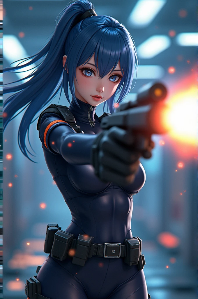 A highly detailed anime girl with long blue hair, small breasts, wearing a futuristic police uniform, firing a shotgun with a cute scared expression on her face, revealing cleavage, realistic, photorealistic, masterpiece, 8k, ultra-detailed, physically-based rendering, vivid colors, professional lighting