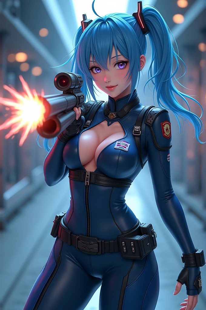 A highly detailed anime girl with long blue hair, small breasts, wearing a futuristic police uniform, firing a shotgun with a cute scared expression on her face, revealing cleavage, realistic, photorealistic, masterpiece, 8k, ultra-detailed, physically-based rendering, vivid colors, professional lighting