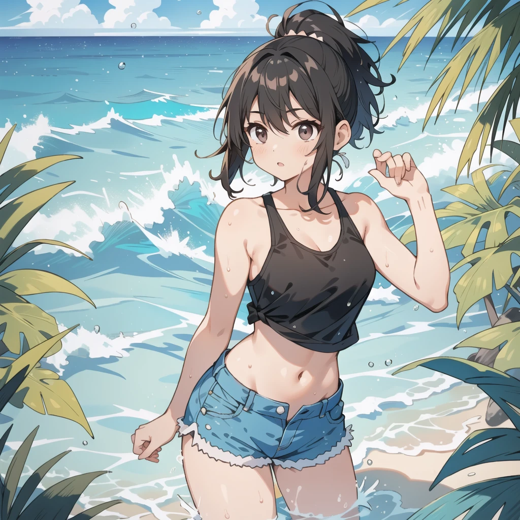 woman,,Brown Skin,In the water,Ocean,tropical fish,Toned body,Black Hair,short hair,ponytail,Dark Eyes,Tank top,Shorts,Narrow waist,swim,Wet,Oceanに飛び込む