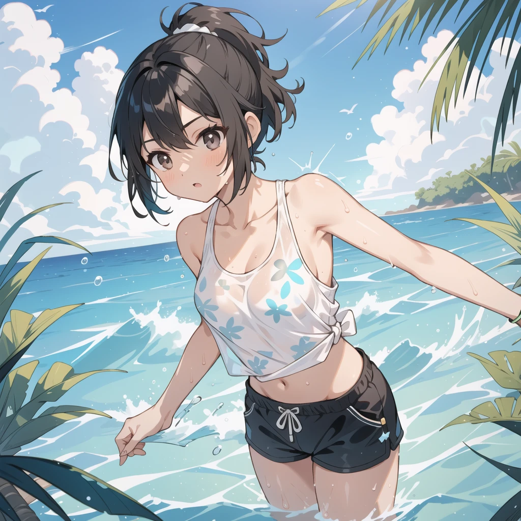 woman,,Brown Skin,In the water,Ocean,tropical fish,Toned body,Black Hair,short hair,ponytail,Dark Eyes,Tank top,Shorts,Narrow waist,swim,Wet,Oceanに飛び込む