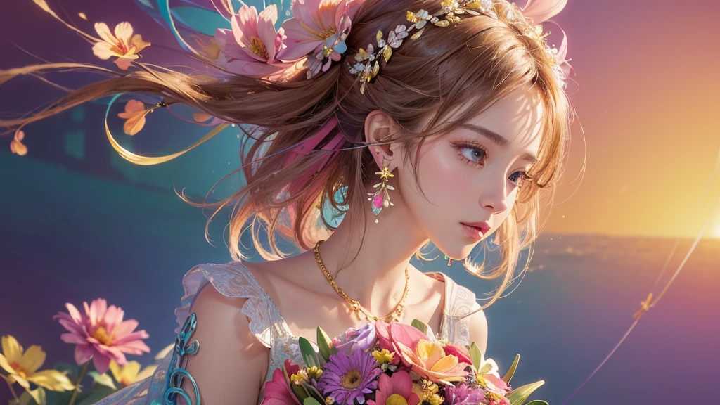 32K, 最高quality, 最高masterpiece, (ultra-Detailed Background, Detailed Background), High resolution, Super detailed, Very detailedな, One girl, (bouquet:1.3), (Tangled:1.2), (Geometric:1.2),(colorful),(masterpiece, quality, best quality, Official Art, Beautiful and beautiful:1.2), (1 girl:1.3), Very detailed,(colorful:1.1)(Flowers:1.3),Most detailed,(Tangled:1.2), whole body, (Abstract background:1.3), (Skin glows), (Many colors:1.4), ,(Earrings Jewelry:1.5), Gradient pink background,