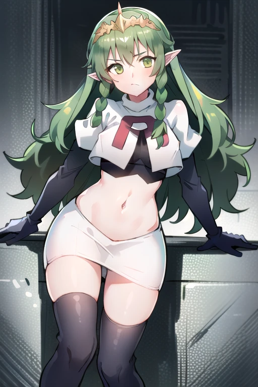 ((ultra detailed, masterpiece, best quality))
FESothis, 1girl, solo, green hair, long hair, green eyes, twin braids, tiara, pointy ears, team rocket,team rocket uniform,white skirt,red letter R,crop top,black thigh-highs,black elbow gloves