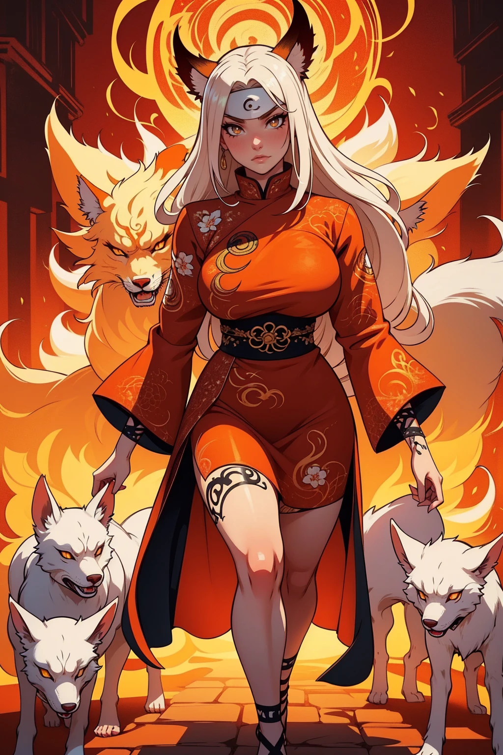 REALISTIC VISION 1.4, BETTER VAE,sharp focus, ultra detail, 32k,realistic photo, intricate details, kitsune, blond hair, (blond hair), orange eyes, intricate details ,woman, nine tails, intricate details,intricate details,big , Voluptuous body, intricate details, Miko, clothes long white dress with red details intricate details, tattoos intricate details, full body, with a orange nine tails fox , kiuubi (kurama, naruto), angry face, walking on the ground, on attack