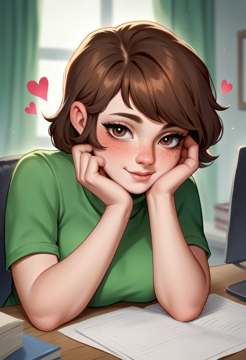 score_9, score_8_up, score_7_up, 1girl, solo, expressive, hearts, dynamic, brown hair, brown eyes, pale skin girl, pale skin, freckles, green turtleneck, cozy, blush, in_office, looking_longingly, seductive, sexy_woman, cuddling giant dick