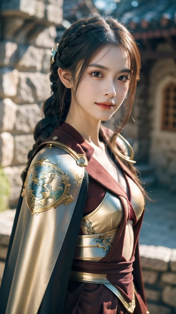 masterpiece, The best quality, Ultra-high resolution, High detail photo, Unity 8K Wallpaper, Extremely detailed CG:1.2), depth of field, bokeh, (RAW photo:1.realistic photography:1.4), (1girl:1.5), young, physically based representation, beautiful, (Finely detailed face:1.4, detailed clothing), (detailed:1.4) named (Eimi Fukada:1.1) BREAK Cara hermosa, depth of field, Add layer, hyperrealistic, 27 years old, perfect body model, perfect breasts, 175cm tall, pose sexy, full body, Whole body, Model Body Type, BREAK (extreme skin details:1.1), skin details, (metal Valkyrie costume:1.3), (cape:1.3), double eyelid BREAK smile, seductive pose, standing, standing outside, medieval house, outdoor, medieval style, (castle:1.3), (close up:0.3), french braids, Nikon Z7 II camera, Fuji Velvia 50 film, 50mm lens, high saturation, (small dragon:1.5)