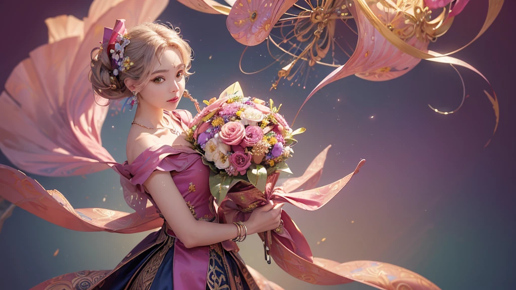 32K, 最高quality, 最高masterpiece, (ultra-Detailed Background, Detailed Background), High resolution, Super detailed, Very detailedな, One girl, (bouquet:1.3), (Tangled:1.2), (Geometric:1.2),(colorful),(masterpiece, quality, best quality, Official Art, Beautiful and beautiful:1.2), (1 girl:1.3), Very detailed,(colorful:1.1)(Flowers:1.3),Most detailed,(Tangled:1.2), whole body, (Abstract background:1.3), (Skin glows), (Many colors:1.4), ,(Earrings Jewelry:1.5), Gradient pink background,