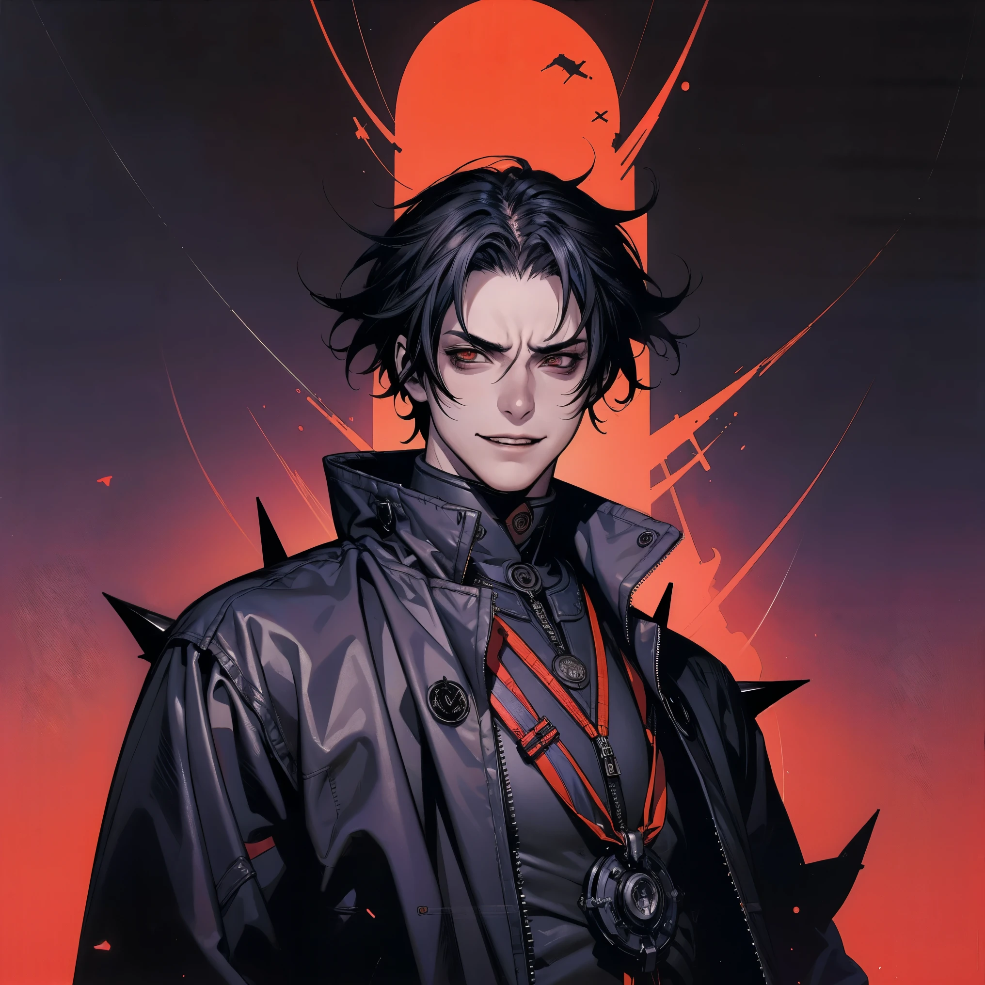 (((best qualityer))), (((manga strokes))), An alone young boy in cyberpunk style with a black and red futuristic urban outfit, devilish smile, pose de atitude, vampire-like nocturnal creature, manga style spiky hair, 独奏, overcoat with large collar