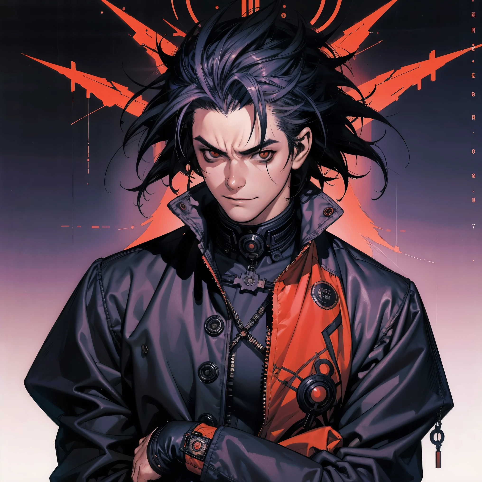 (((best qualityer))), (((manga strokes))), An alone young boy in cyberpunk style with a black and red futuristic urban outfit, devilish smile, pose de atitude, vampire-like nocturnal creature, manga style spiky hair, 独奏, overcoat with large collar