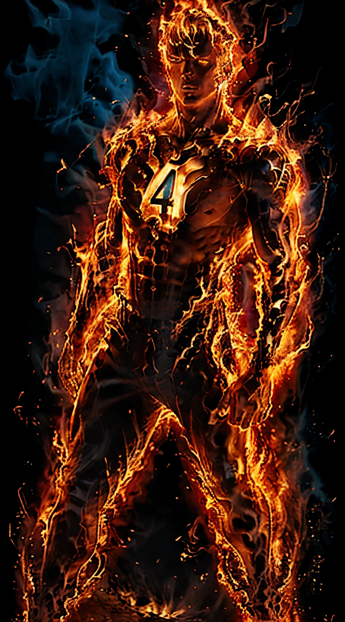 Human torch in desert. Fantastic four Costume. Portrait. in flames. Fantastic Four logo on his chest. His entire body covered in fire