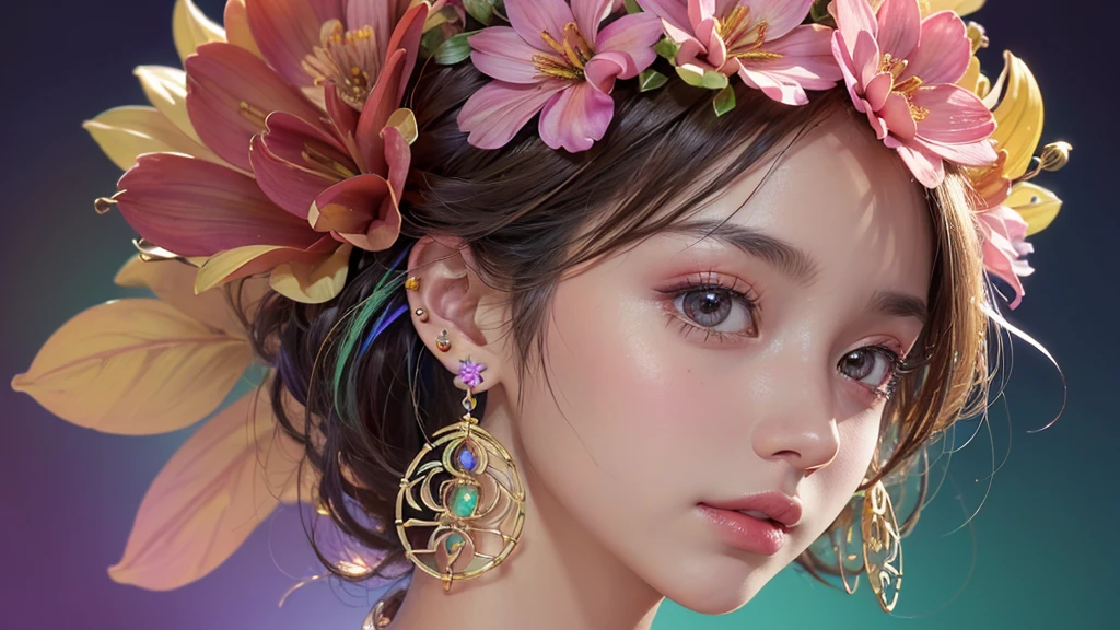 32K, 最高quality, 最高masterpiece, (ultra-Detailed Background, Detailed Background), High resolution, Super detailed, Very detailedな, One girl, (bouquet:1.3), (Tangled:1.2), (Geometric:1.2),(colorful),(masterpiece, quality, best quality, Official Art, Beautiful and beautiful:1.2), (1 girl:1.3), Very detailed,(colorful:1.1)(Flowers:1.3),Most detailed,(Tangled:1.2), whole body, (Abstract background:1.3), (Skin glows), (Many colors:1.4), ,(Earrings Jewelry:1.5), Gradient pink background,