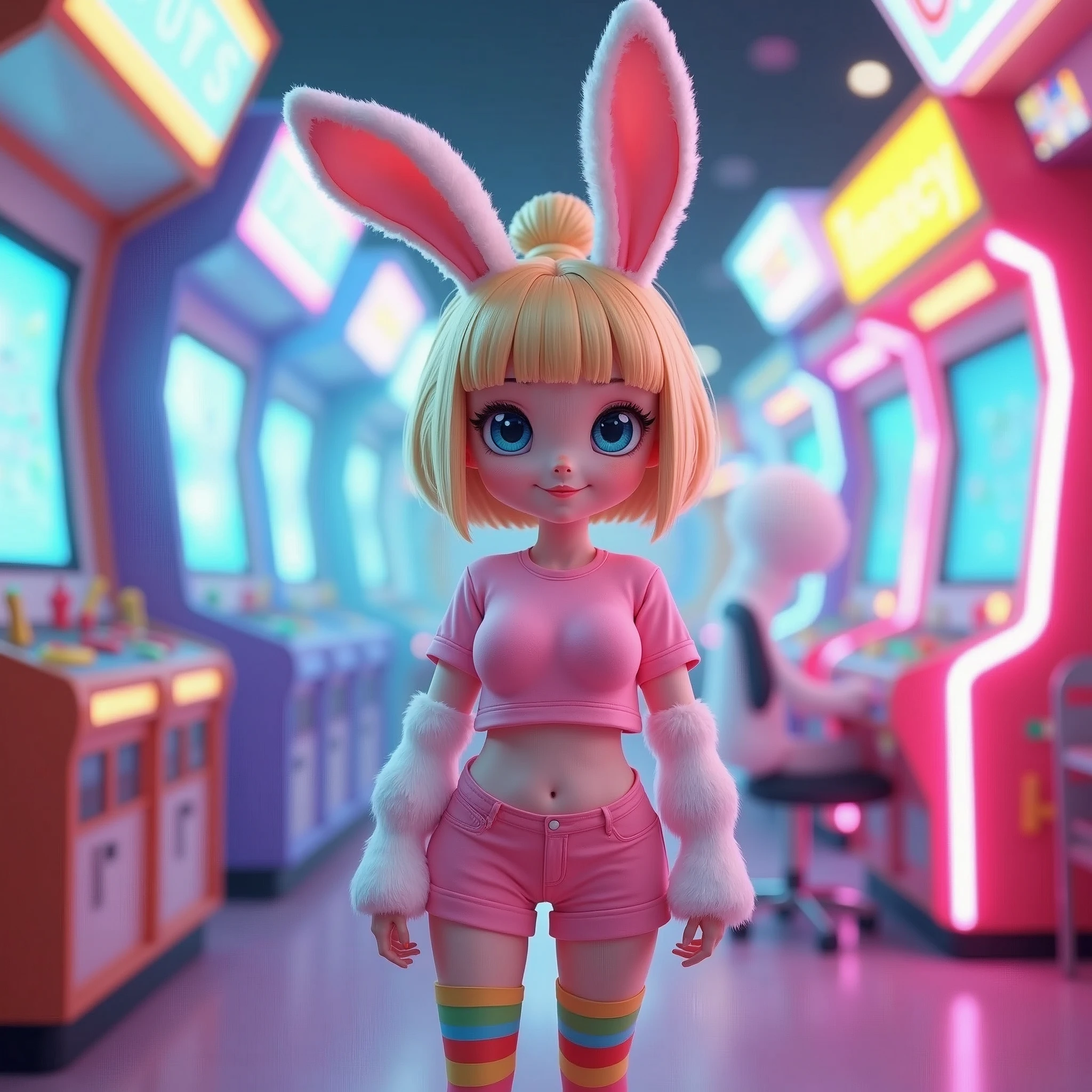 female, anthropomorphic rabbit, white fur, blue eyes, solo, blonde hair, ponytail, straight bangs, blue eyes, short, curvy body, flat chest, pink croptop, shorts, rainbow thigh high, indoors, arcade, highly detailed, realistic