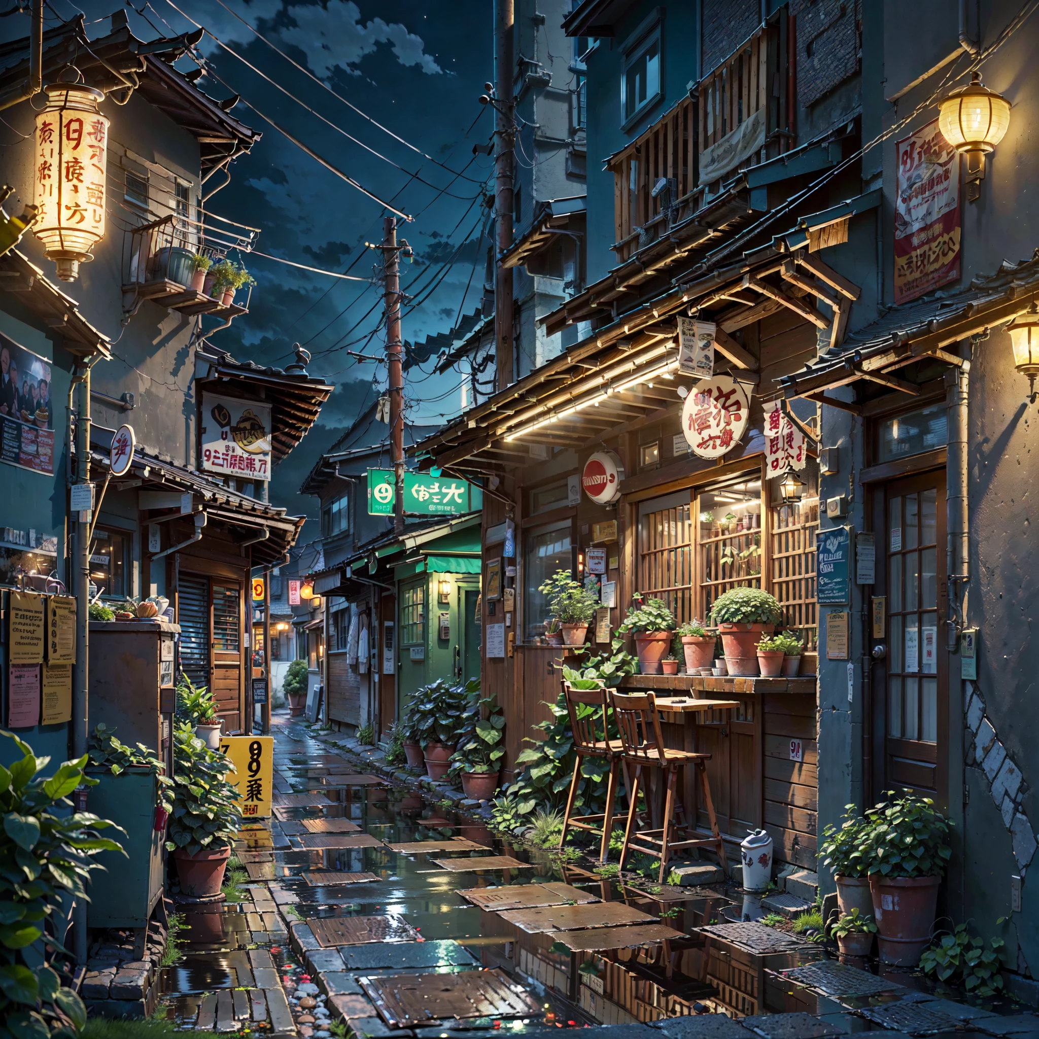 ((score_9:1.5), (score_8_up:1.4), (score_7_up:1.3), (score_6_up:1.2)), ((best quality)), ((masterpiece)), ((compact alleyway with a restaurant: 1.4)), ((night time: 1.3)), anime background, anime scene, lofi vibe, japanese shop banners, row of traditional japanese lanterns, bowl of ramen sign above the door, modern street lamp, electrical wires, plant pots, broken fence, puddles, (high resolution:1.3), (HDR:1.2), intricate details, ultra quality, ((no people:1.5))