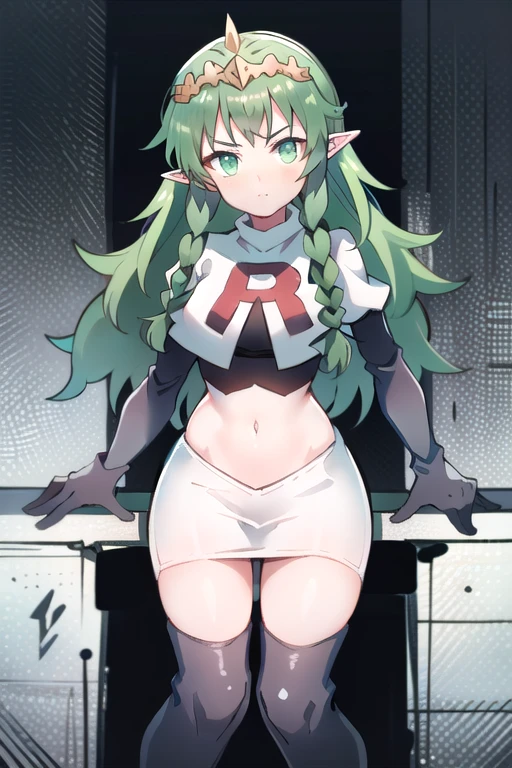 ((ultra detailed, masterpiece, best quality))
FESothis, 1girl, solo, green hair, long hair, green eyes, twin braids, tiara, pointy ears, team rocket,team rocket uniform,white skirt,red letter R,crop top,black thigh-highs,black elbow gloves