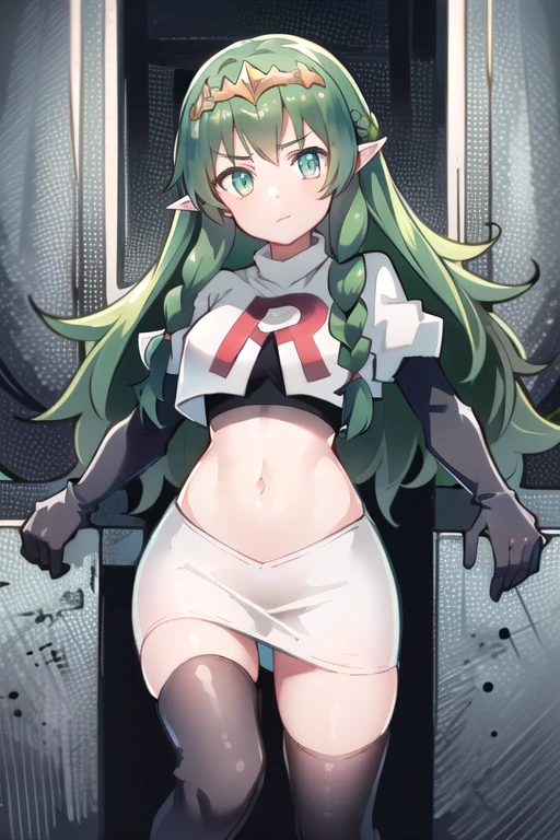 ((ultra detailed, masterpiece, best quality))
FESothis, 1girl, solo, green hair, long hair, green eyes, twin braids, tiara, pointy ears, team rocket,team rocket uniform,white skirt,red letter R,crop top,black thigh-highs,black elbow gloves