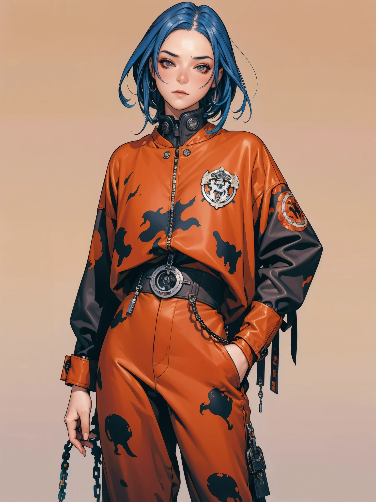 (best qualityer))), (((manga strokes))), (((blue hair with red highlights))), (((baggy pants with bone print))), uma Kizi jovem muito bem vestida com roupas modernas de inverno, pants with military camouflage pattern, top gift vertical stripes, short jacket with dark fur collar, beautiful and expressive face, slightly-smile, big eyes with long black eyelashes, heavy make-up, chains and zippers spread across clothes, contrasting colours, pose de atitude, hair with a modern and futuristic cut, urban game poster art, dramatic camera angles, graffiti art elements in the background, design mixing contemporary and retro by Shepard Fairey, (((cowboy shot))), (((best qualityer: 1.4))), (Unbeatable masterpiece), (hiper HD),(CG 8k hyper-realistic), Kizi, (((standing alone))), pirralha violent, ((())), sexly, pose de atitude, work of art, post-apocalypse, (((manga style))), bounty hunter, violent, Manic, the way you want, slenderbody, thin but strong, perfectbody, roupa moderna, advanced technology, neon, sleeves with vertical striped pattern, neutral background, (( cowboy shot )). intricate visual
