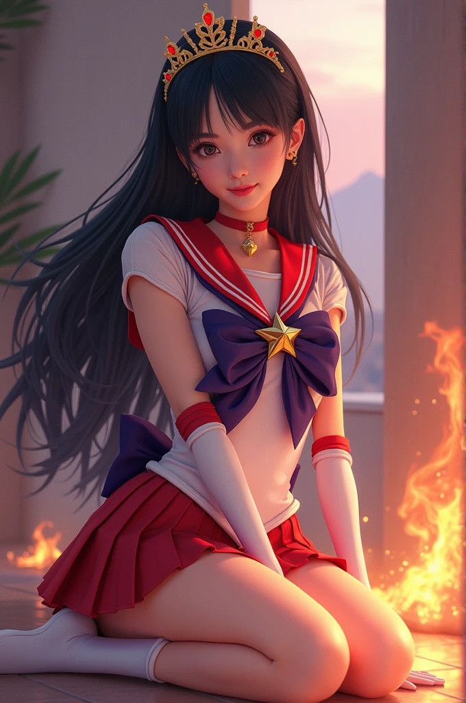 ((sama1 | tiara | sailor senshi uniform | white gloves | red sailor collar | red skirt | star choker | elbow gloves | pleated skirt | bare legs | purple bow | leotards | long black hair)), (white silky skin | oily skin | large breasts | perfect hand | perfect arm), (smile | happy512 | good vibes), looking at viewer, sitting, fire, fired, dynamic background and angle, closed up, ray tracing, exposure blend, cinematic bloom, deep contrast, sharp focus, detailed landscape, vivid colours, photorealistic, extremely detailed CG unity 8k wallpaper, high-res, beautiful and aesthetic, masterpiece, best quality, fantasy art