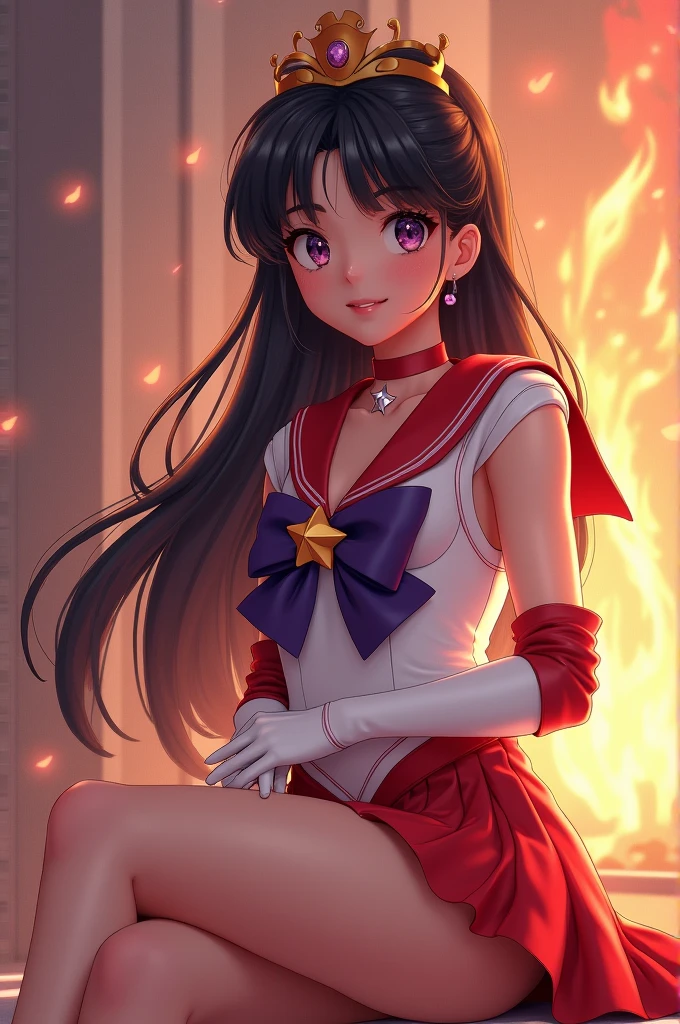 ((sama1 | tiara | sailor senshi uniform | white gloves | red sailor collar | red skirt | star choker | elbow gloves | pleated skirt | bare legs | purple bow | leotards | long black hair)), (white silky skin | oily skin | large breasts | perfect hand | perfect arm), (smile | happy512 | good vibes), looking at viewer, sitting, fire, fired, dynamic background and angle, closed up, ray tracing, exposure blend, cinematic bloom, deep contrast, sharp focus, detailed landscape, vivid colours, photorealistic, extremely detailed CG unity 8k wallpaper, high-res, beautiful and aesthetic, masterpiece, best quality, fantasy art