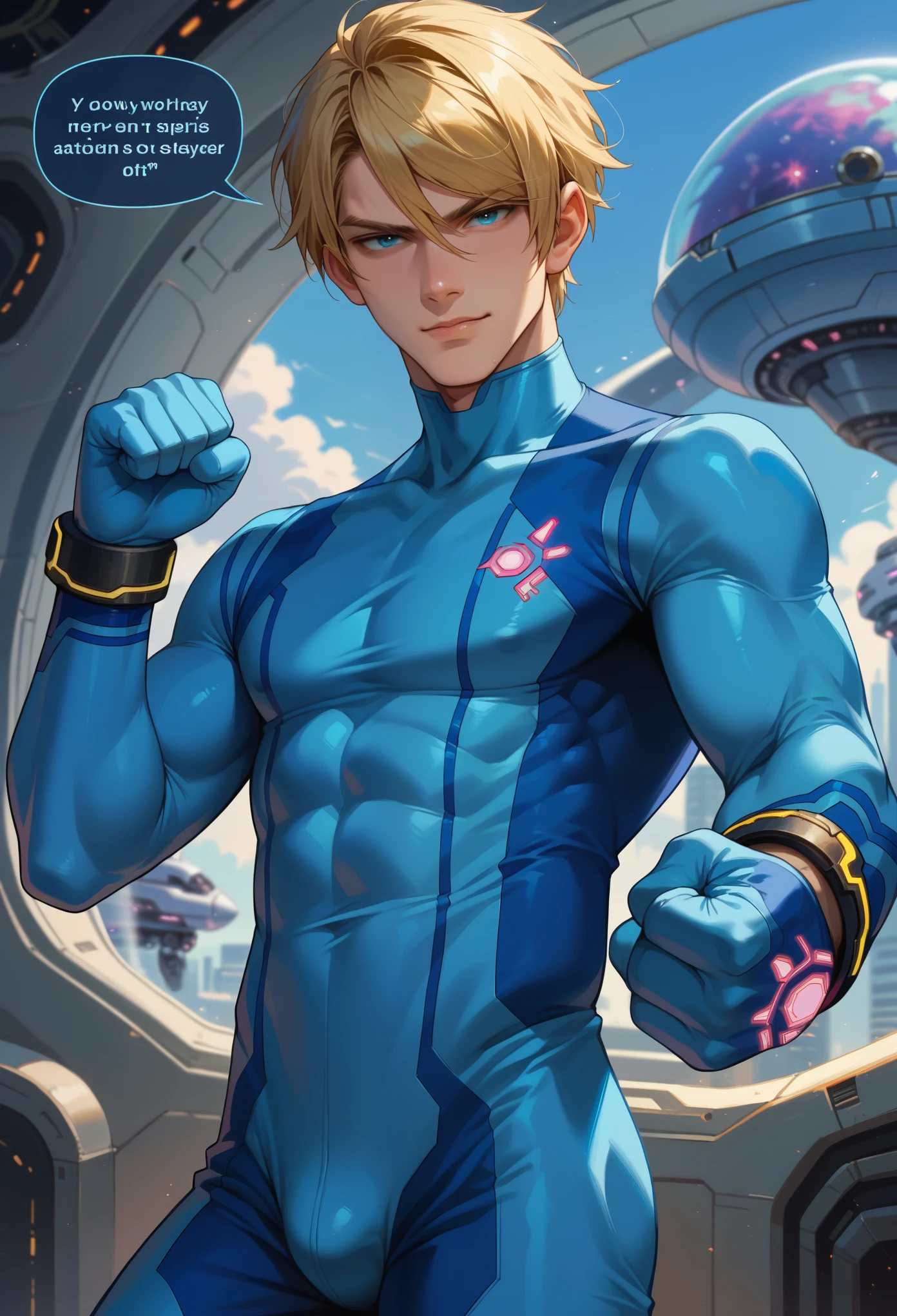 score_9, score_8_up, score_7_up, 1boy, solo, (male:1.5), male focus, male body, defSamus, blonde hair, short hair, bodysuit, blue clothes, blue pants, blue gloves, confident face, confident smile, single fist, standing, looking at you, spaceship, speech bubbles,