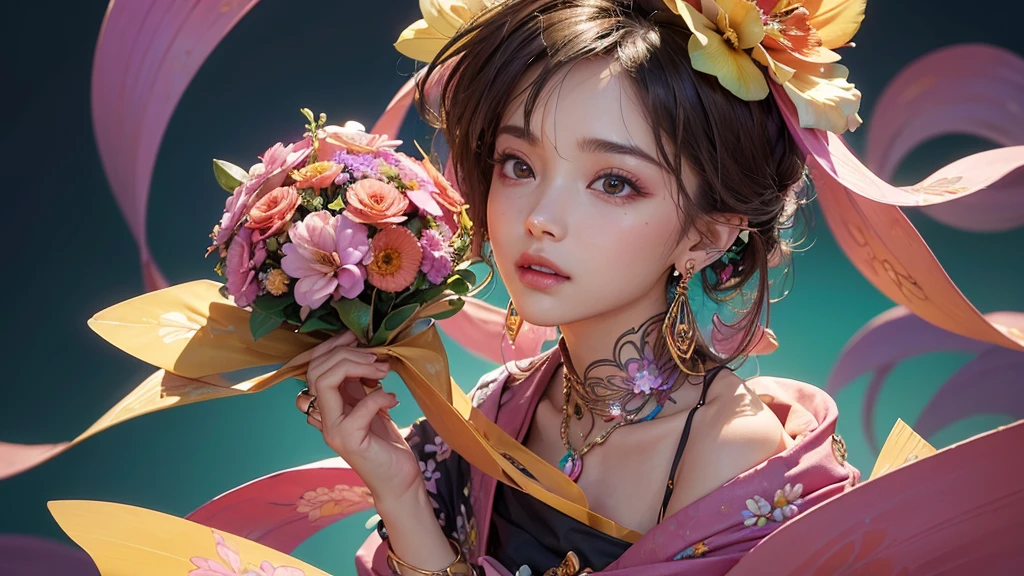 32K, 最高quality, 最高masterpiece, (ultra-Detailed Background, Detailed Background), High resolution, Super detailed, Very detailedな, One girl, (bouquet:1.3), (Tangled:1.2), (Geometric:1.2),(colorful),(masterpiece, quality, best quality, Official Art, Beautiful and beautiful:1.2), (1 girl:1.3), Very detailed,(colorful:1.1)(Flowers:1.3),Most detailed,(Tangled:1.2), whole body, (Abstract background:1.3), (Skin glows), (Many colors:1.4), ,(Earrings Jewelry:1.5), Gradient pink background,