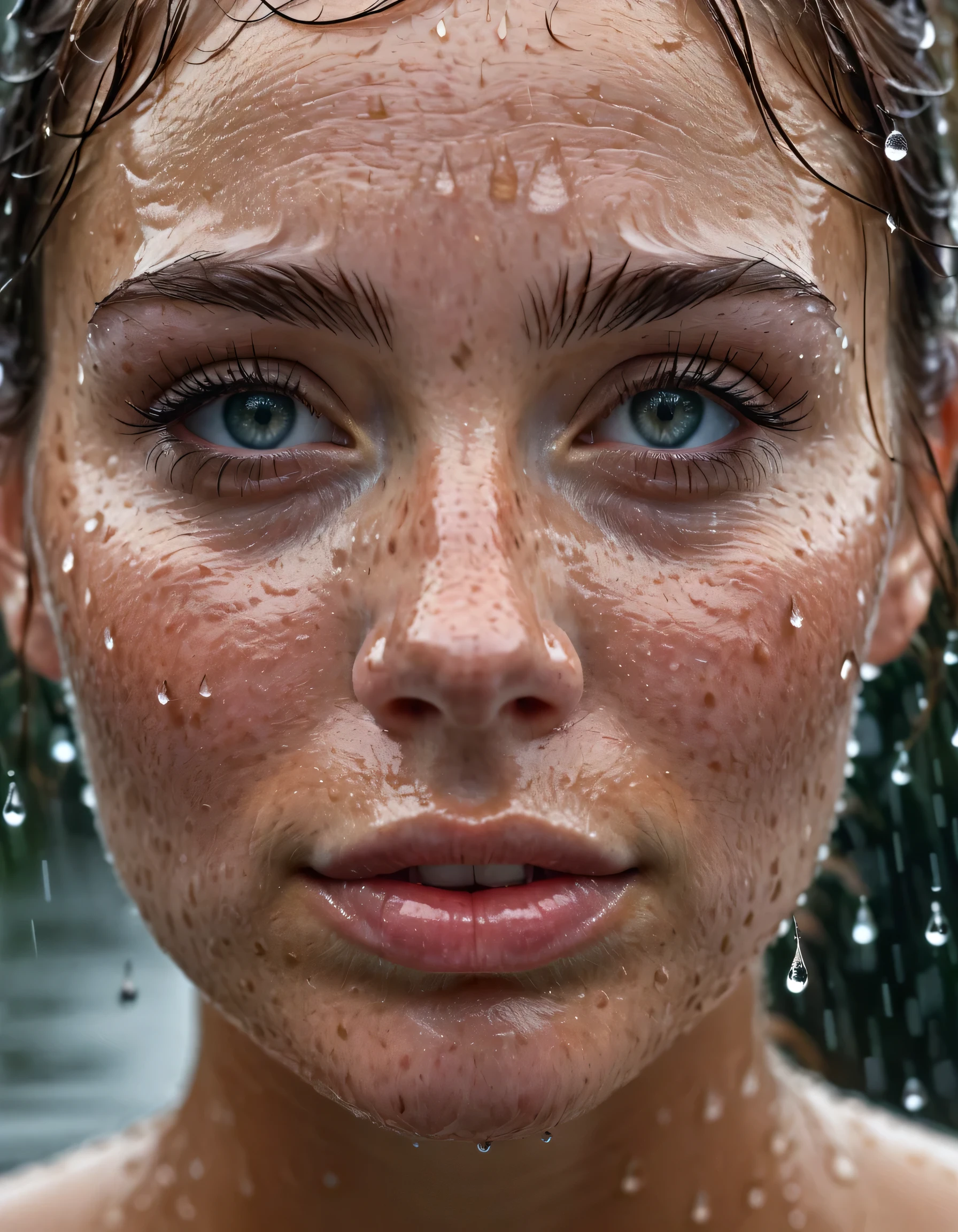portrait photography, dutch angle shot, a stunning woman's face with freckles covered in raindrops, raindroplets on her face, under rain, rainpunk, close up, Phantom High Speed camera, urban emotions, uhd image, moody, detailed features, realistic_skin, natural_skin --ar 16:9 --style raw --v 5.2
