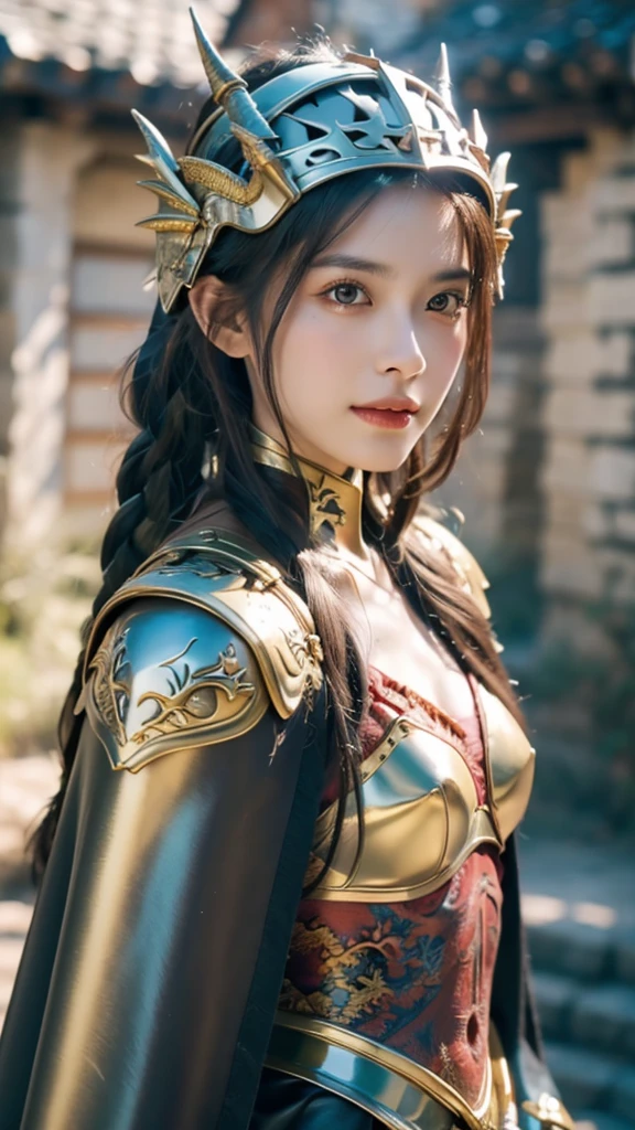 masterpiece, The best quality, Ultra-high resolution, High detail photo, Unity 8K Wallpaper, Extremely detailed CG:1.2), depth of field, bokeh, (RAW photo:1.realistic photography:1.4), (1girl:1.5), young, physically based representation, beautiful, (Finely detailed face:1.4, detailed clothing), (detailed:1.4) named (Eimi Fukada:1.1) BREAK Cara hermosa, depth of field, Add layer, hyperrealistic, 27 years old, perfect body model, perfect breasts, 175cm tall, pose sexy, full body, Whole body, Model Body Type, BREAK (extreme skin details:1.1), skin details, (metal Valkyrie costume:1.3), (cape:1.3), (helmet:1.3), double eyelid BREAK smile, seductive pose, standing, standing outside, medieval house, outdoor, medieval style, (castle:1.3), (close up:0.3), french braids, Nikon Z7 II camera, Fuji Velvia 50 film, 50mm lens, high saturation, (small dragon:1.5)