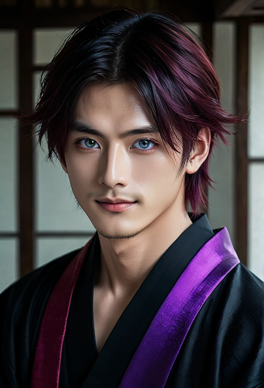 I want a young Japanese man, he has heterochromia, one eye is green and the other is purple, red hair color, and have a naughty smile, make him wearing a black and purple kimono. Um retrato realista, full hd 4k. Different colored eye ires, one purple and one green, heterochromia of different colored eyes, make the image more horror-like with darker colors and lighting as well.