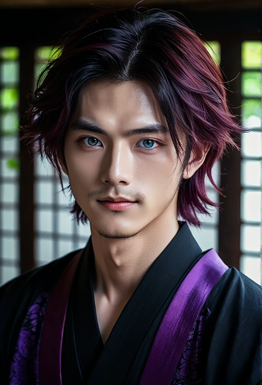 I want a young Japanese man, he has heterochromia, one eye is green and the other is purple, red hair color, and have a naughty smile, make him wearing a black and purple kimono. Um retrato realista, full hd 4k. Different colored eye ires, one purple and one green, heterochromia of different colored eyes, make the image more horror-like with darker colors and lighting as well.
