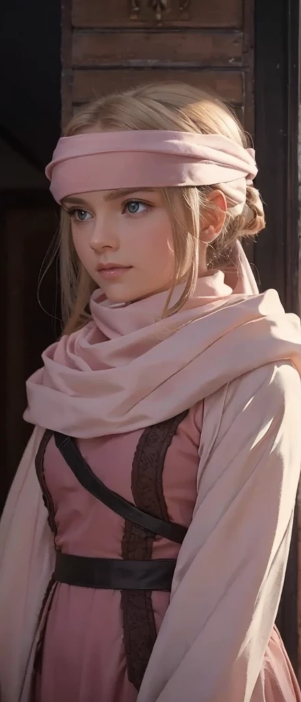 a beautiful girl in a pink dress, standing alone with a cowl headband, profile view looking at the viewer, extremely detailed eyes and face, masterpiece, best quality, high resolution, photorealistic, ultra-detailed, intricate details, delicate features, soft lighting, warm color tones, elegant, feminine, graceful, serene expression