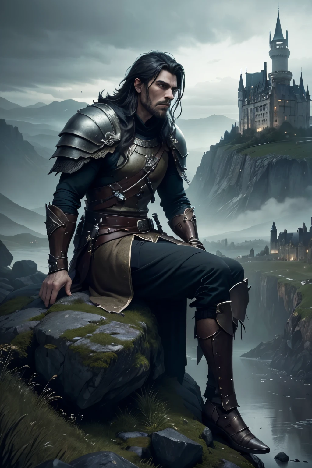 a warrior sitting on a rock located on a large hill in a gloomy environment, with a large castle in the background of the landscape, dark fantasy, highly detailed, cinematic lighting, dramatic atmosphere, moody, epic, intricate details, photorealistic, 8k, best quality, masterpiece