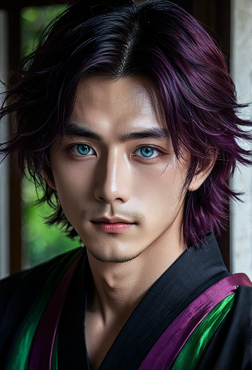 I want a young Japanese man, he has heterochromia, one eye is green and the other is purple, red hair color, and have a naughty smile, make him wearing a black and purple kimono. Um retrato realista, full hd 4k. Different colored eye ires, one purple and one green, heterochromia of different colored eyes, make the image more horror-like with darker colors and lighting as well.