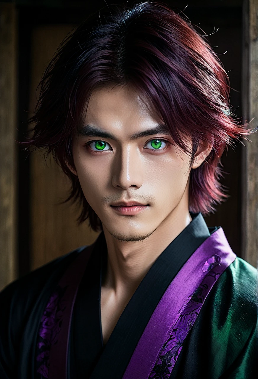 I want a young Japanese man, he has heterochromia, one eye is green and the other is purple, red hair color, and have a naughty smile, make him wearing a black and purple kimono. Um retrato realista, full hd 4k. Different colored eye ires, one purple and one green, heterochromia of different colored eyes, make the image more horror-like with darker colors and lighting as well.