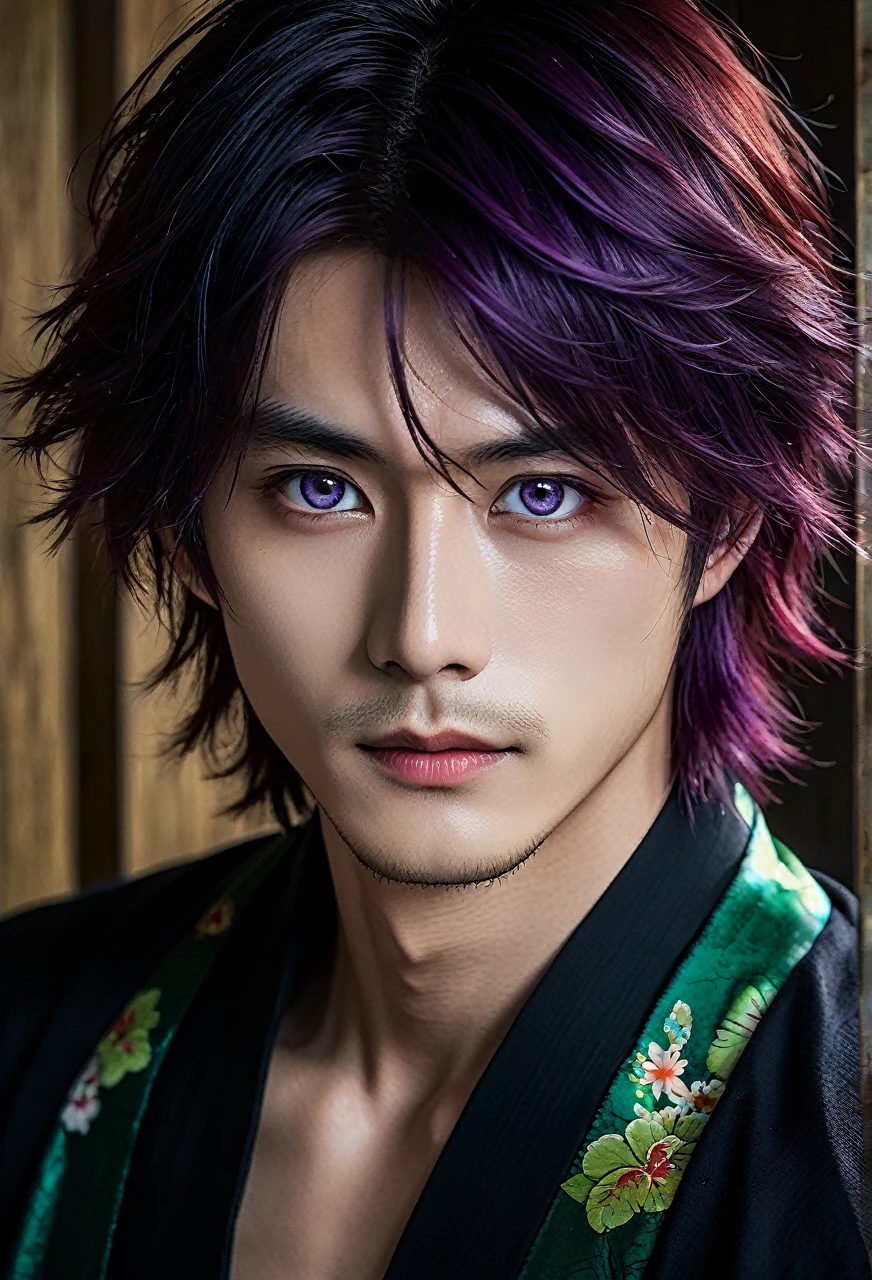 I want a young Japanese man, he has heterochromia, one eye is green and the other is purple, red hair color, and have a naughty smile, make him wearing a black and purple kimono. Um retrato realista, full hd 4k. Different colored eye ires, one purple and one green, heterochromia of different colored eyes, make the image more horror-like with darker colors and lighting as well.