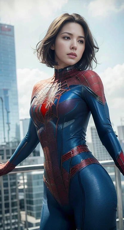 (1girl: 1.3), solo, beautiful face, (((extremely detailed face))),(((extremely detailed face and eyes)),beautiful detailed eyes, body-parts__, official art, 8k unified wallpaper, super detailed, beautiful and aesthetic, beautiful, masterpiece, best quality, raw, masterpiece, super thin photo, best quality, super high resolution, photorealistic realism, sunlight, full body portrait, amazing beauty, short blonde haircut, dynamic pose, delicate face, vibrant blue eyes, (from the front), she is wearing a nylon costume (inspired by Spiderman costume), cosplay ('/Snow/'), red, transparent white and black color scheme, top of a skyscraper building, very detailed, detailed face, detailed complex busy background, messy, beautiful, milky white, highly detailed skin, realistic skin details, visible pores, sharp focus, volumetric mist, 8k uhd, DSLR, high quality, film grain, fair skin, photorealism, Lomography, Huge Metropolis in Future Dystopia, View from Below, Translucent