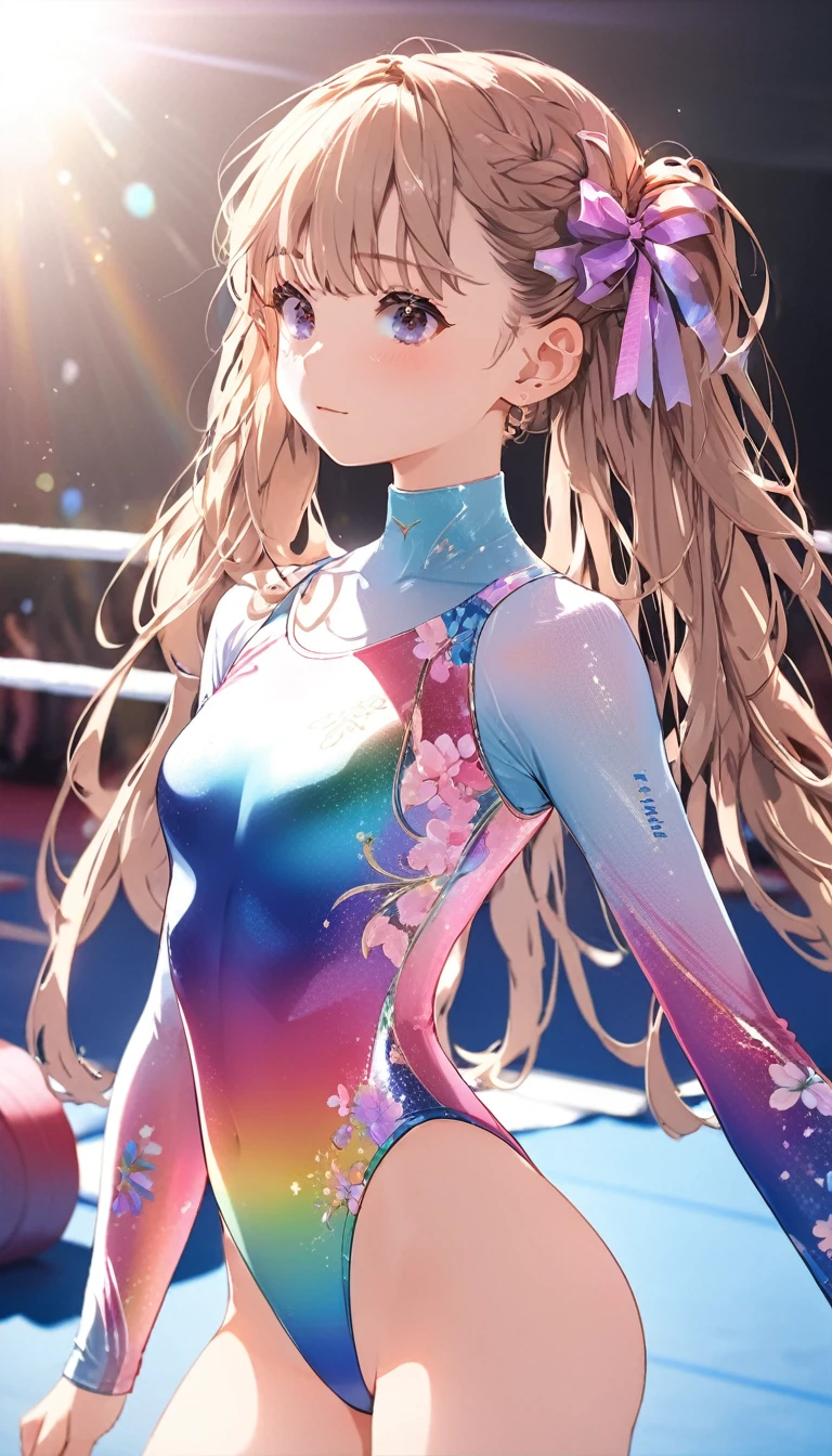 expensivequality illustration, masterpiece, Very delicate and beautiful, Attractive girl,((Gymnastics leotard,tight-fitting leotard,length Leotard with sleeves,length_Leotard with sleeves,expensive_Leg leotard,athletic leotard,Floral leotard,Rainbow gradient leotard)), Audience reaction,thin,Slender body,slim,expensive school,Gym,Gymnastics Club,Beautiful Eyes,(masterpiece, Highest quality:1.2), expensiveres, Very detailed CG ユニティ 8k 壁紙, Perfect lighting, colorful, ultra-expensive res,4K,Very detailed, photograph, 8k, High resolution, 17 years old,Cowboy Shot,