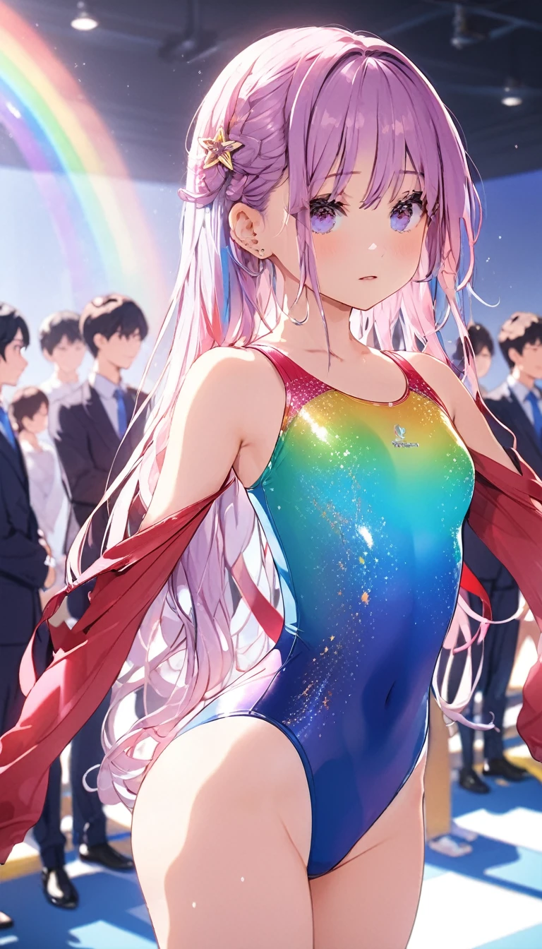 expensivequality illustration, masterpiece, Very delicate and beautiful, Attractive girl,((Gymnastics leotard,tight-fitting leotard,length Leotard with sleeves,length_Leotard with sleeves,expensive_Leg leotard,athletic leotard,Floral leotard,Rainbow gradient leotard)), Audience reaction,thin,Slender body,slim,expensive school,Gym,Gymnastics Club,Beautiful Eyes,(masterpiece, Highest quality:1.2), expensiveres, Very detailed CG ユニティ 8k 壁紙, Perfect lighting, colorful, ultra-expensive res,4K,Very detailed, photograph, 8k, High resolution,  17 years old,Cowboy Shot,