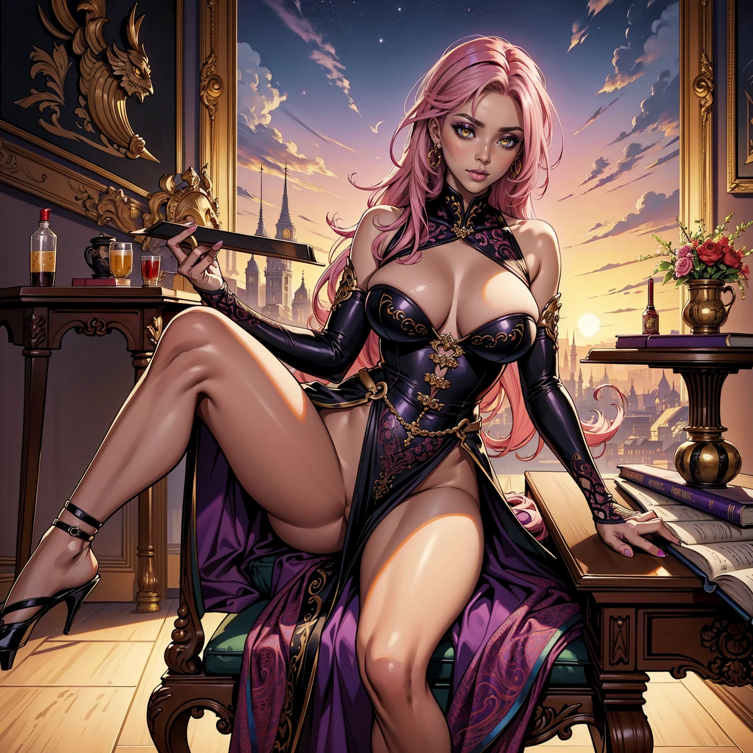 Masterpiece, Ultra extremely detailed, Insanely Definition - quality, 8k, (vibrant colors,vibrant theme), (intricate), full body , NSFW, Hair ,                                                                                           helloutfit , solo, female, curvy,  dark skin, posing, classroom,  book on table, sitting on chair, leaning to table, looking at viewer, , pink hair, very long hair, hair intakes, purple lipstick, makeup,  yellow eyes, perfect eyes, perfect face,  earrings, large breasts, 
