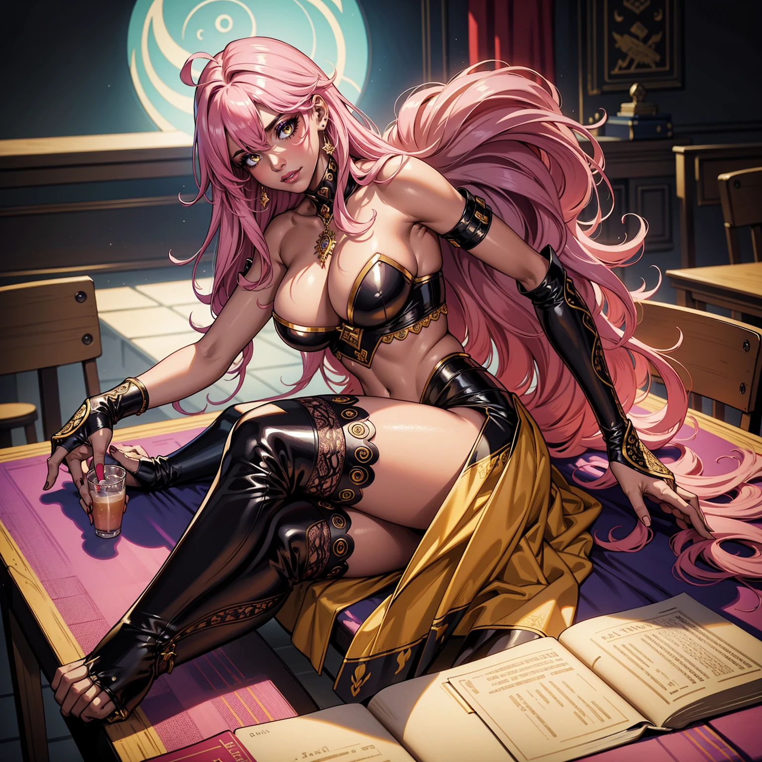 Masterpiece, Ultra extremely detailed, Insanely Definition - quality, 8k, (vibrant colors,vibrant theme), (intricate), full body , NSFW, Hair ,                                                                                           helloutfit , solo, female, curvy,  dark skin, posing, classroom,  book on table, sitting on chair, leaning to table, looking at viewer, , pink hair, very long hair, hair intakes, purple lipstick, makeup,  yellow eyes, perfect eyes, perfect face,  earrings, large breasts, 
