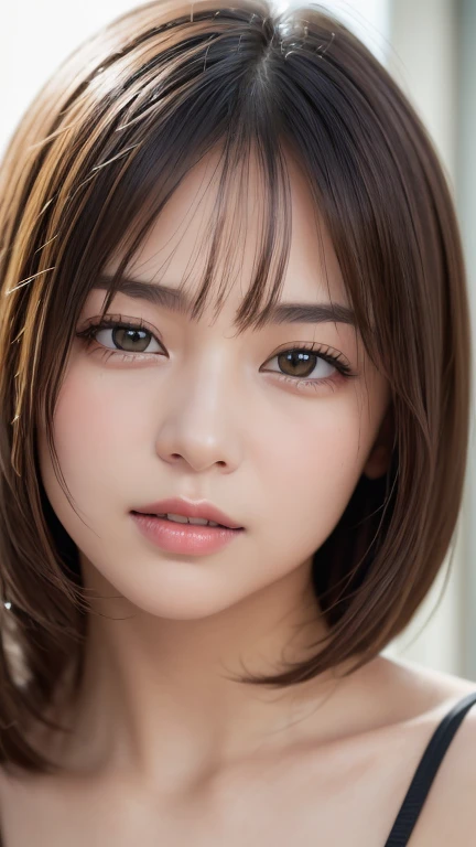 ((Browsing Caution))、(masterpiece:1.5)、(8k)、(Photorealistic:1.5)、RAW Photos、(Best image quality:1.4)、(Sharp focus:1.5)、 Highest quality、masterpiece、Ultra-high resolution、Perfect dynamic composition、 20-year-old、thin、Beautiful woman:1.4、smile、 In black underwear、 Light brown hair、Bobcut、Shiny Hair、 Super detailed face、Detailed eyes、double eyelid、 Natural color lip、Clear Skin、Small breasts、Open your mouth a little、Tying up hair