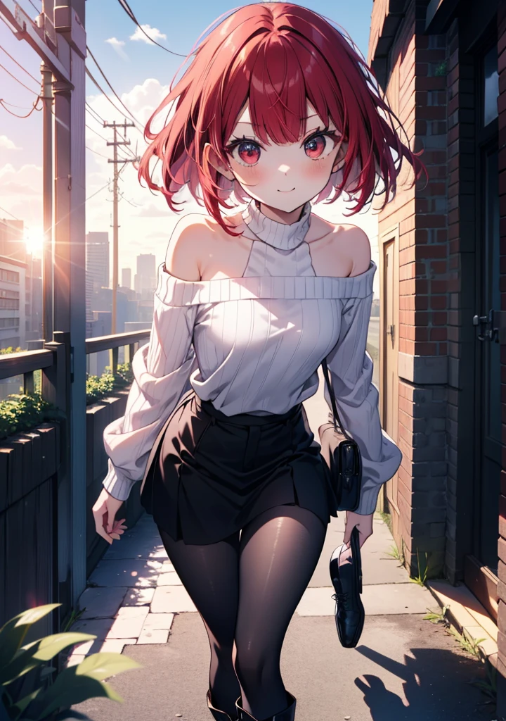 Kana Arima,(Red eyes:1.5), Bob Hair,smile,Redhead,Small breasts,One-shoulder sweater,mini skirt,Black tights,short boots,whole bodyがイラストに入るように,morning,morning陽,The sun is rising,Walking,
break looking at viewer,whole body,
break outdoors, Building district,
break (masterpiece:1.2), Highest quality, High resolution, unity 8k wallpaper, (shape:0.8), (Beautiful and beautiful eyes:1.6), Highly detailed face, Perfect lighting, Highly detailed CG, (Perfect hands, Perfect Anatomy),